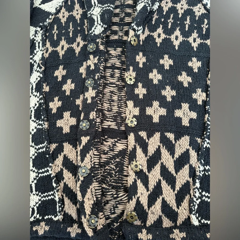 Free People Cardigan Sweater Bright & Optimistic Black Cream Brown Chunky - Picture 7 of 7